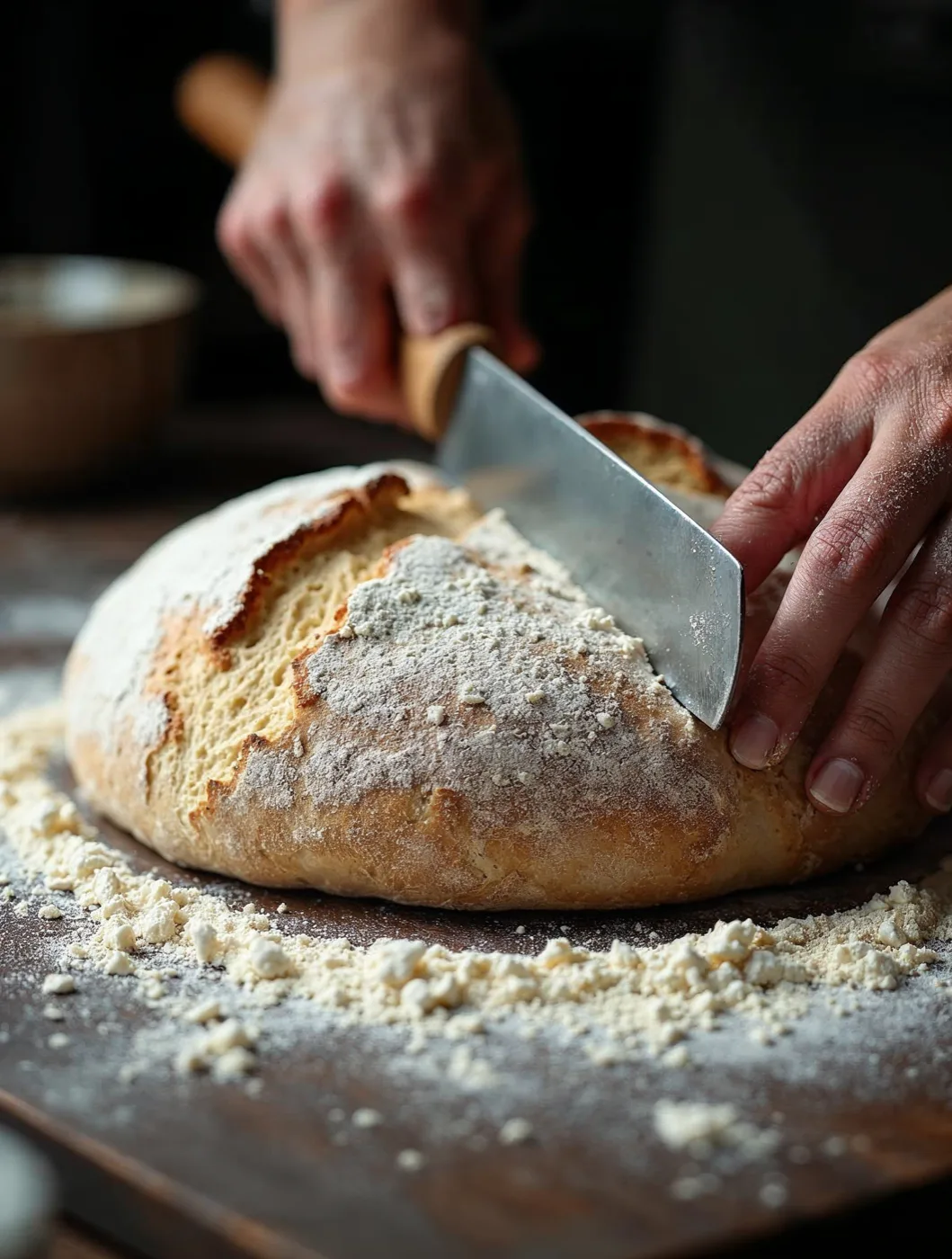 Les mains du boulanger dans la farine