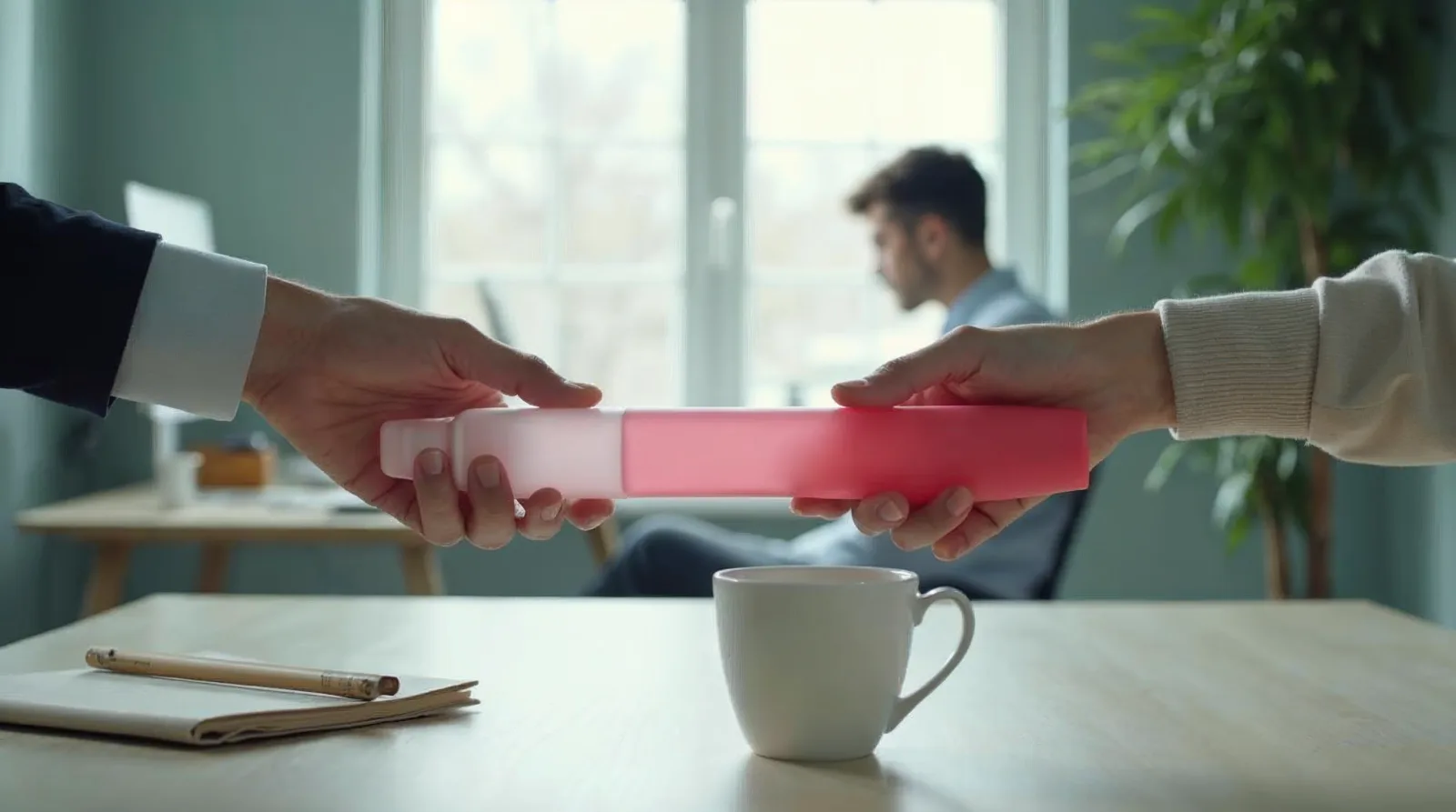 Deux mains se transmettent un objet translucide au-dessus d’une table de bureau