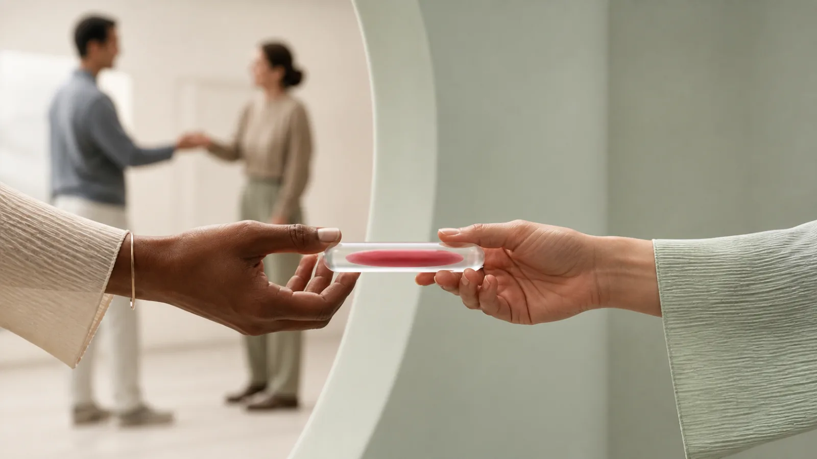 Un objet translucide tendu vers une main qui s’ouvre